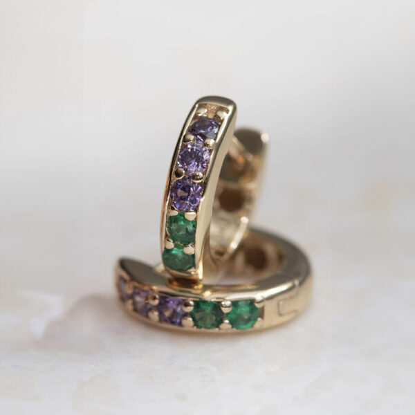 Hillberg & Berk Cleo Mini Gold Hoops with Emerald & Amethyst gemstones